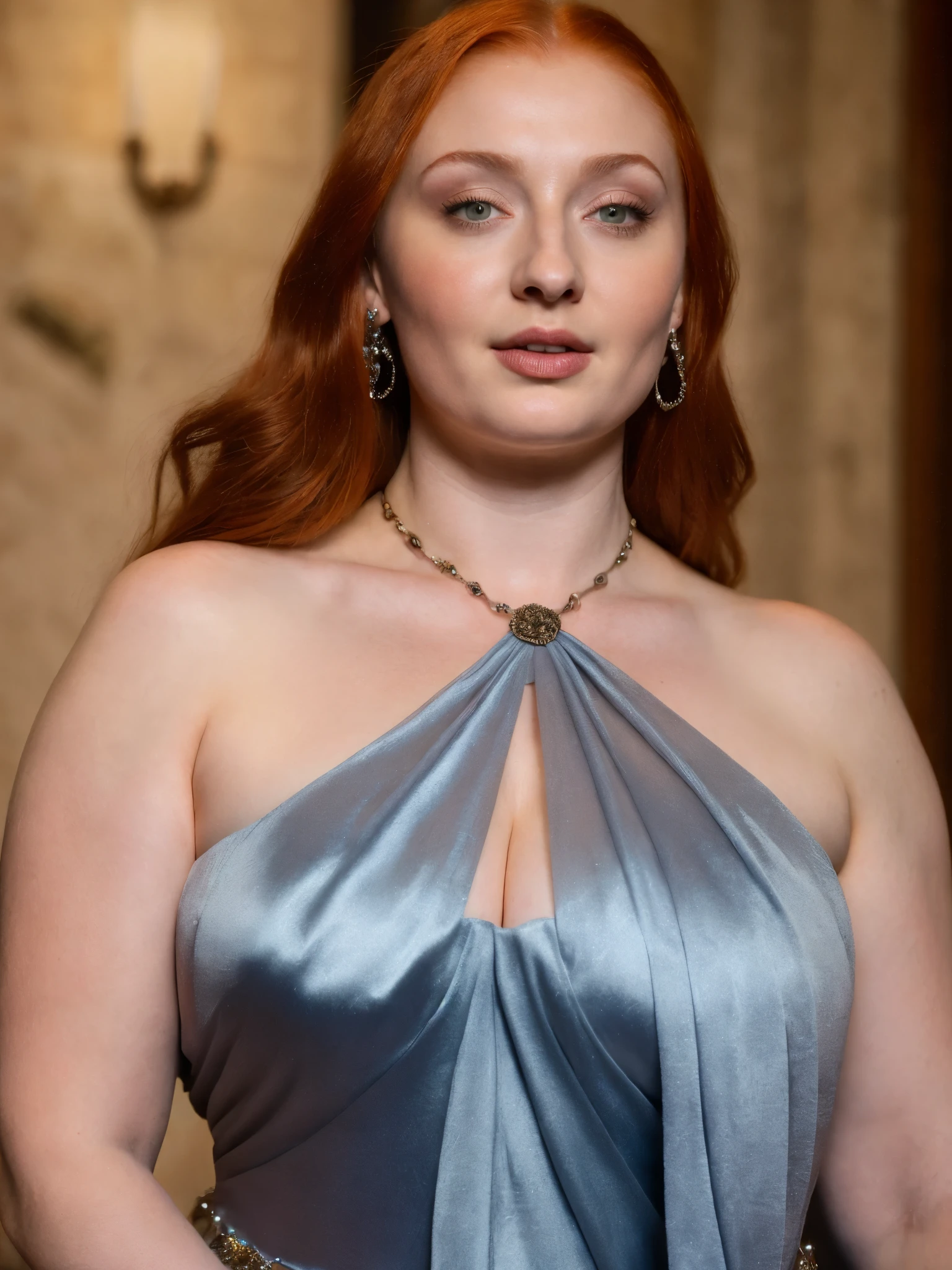 Face of Sophie Turner, Sansa Stark played by Sophie Turner, the de facto Lady of the Eyrie, is a 50-year-old mature queen with a stunning, alluring appearance, mommy figure, wide body, heavy figure, fleshy bulky figure, Full Face, Full figured woman, pierced eyes, reddish lips, upper body shot, erotic Mediaeval costumes, game of thrones costumes, She wears a Game of Thrones-inspired costume and has a deep cleavage, a perfect thick body, and a perfect thick figure. The photograph captures her in a close-up, with her skin texture and facial features being ultra-realistic and realistic. Juicy thick figure, high quality skin, Skin pores, amazing details, snow, snow flakes, semi realistic, extremely detailed eyes, dark moody orange and black settings, cool environment, artificial intelligence