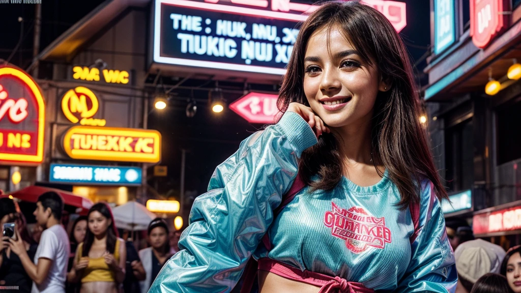 The thumbnail image is a young girl in her 30s, Elegant face, Bright smile, face as if feeling the music. Background font "Turkish pop" at the top is highlighted in bold, stylized text nhỏ hơn "2024", stylized text "Turkish Remix" at the bottom. The vibrant color combination of the pop music genre creates a vivid and attractive picture. Honest images, clear details, Highlight the girl's beauty and emotions.
