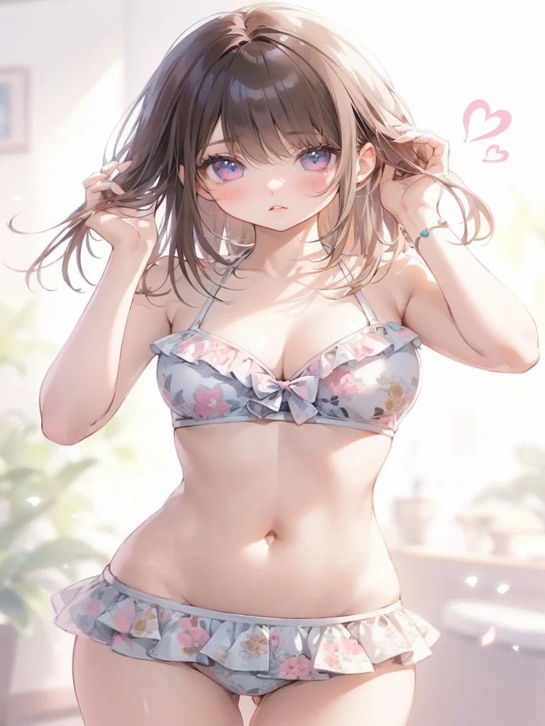 fullbody, (1girl:1.5), big eyes, the pinnacle of anime illustrations, moe style illustration, the best of the best, masterpiece, ultra-detailed, master piece, extremely detailed, high resolution, Haruba Negi style, curious eyes, glossy, plump lips, shiny hair, girl, medium bust, brown hair, changing time in the morning, semi-long straight hair, diamond eyes, captivating eye color, pink lips, pink and light blue floral print, illustrator Momoko style, turning around to show her back, pushing her hair up with both hands, swimsuit