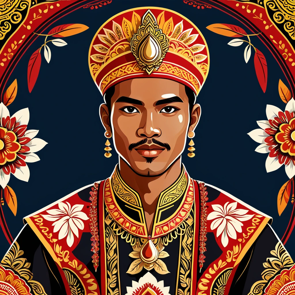 man in indonesian folk outfit, vector graphics, strong contours