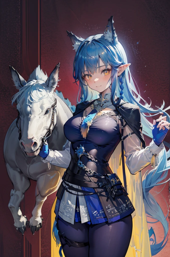 (beautiful and aesthetic:1.2), (1girl), extreme detailed,(fractal art:1.3), cute young girl, light blue hair, long hair, small braids hair, yellow eyes, elf ears, dragon tail, dragon thorn, muscular body, big breast, sexy outfit, smile, blush, room