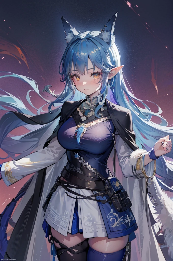 (beautiful and aesthetic:1.2), (1girl), extreme detailed,(fractal art:1.3), cute young girl, light blue hair, long hair, small braids hair, yellow eyes, elf ears, dragon tail, dragon thorn, muscular body, big breast, sexy outfit, smile, blush, room
