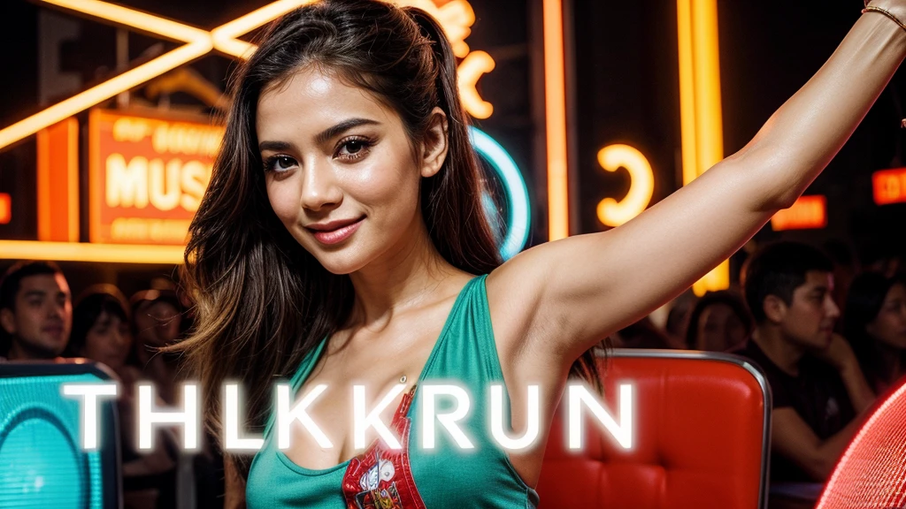 The thumbnail image is a young girl in her 30s, Elegant face, Bright smile, face as if feeling the music. Background font "Turkish pop" at the top is highlighted in bold, stylized text nhỏ hơn "2024", stylized text "Turkish Remix" at the bottom. The vibrant color combination of the pop music genre creates a vivid and attractive picture. Honest images, clear details, Highlight the girl&#39;s beauty and emotions.