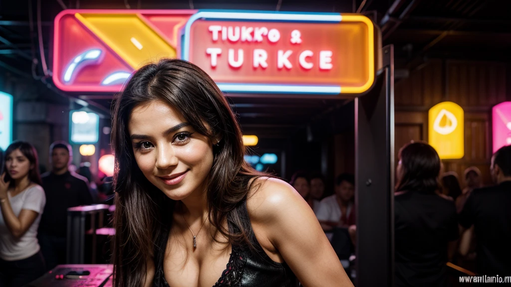 The thumbnail image is a young girl in her 30s, Elegant face, Bright smile, face as if feeling the music. Background font "Turkish pop" at the top is highlighted in bold, stylized text nhỏ hơn "2024", stylized text "Turkish Remix" at the bottom. The vibrant color combination of the pop music genre creates a vivid and attractive picture. Honest images, clear details, Highlight the girl's beauty and emotions.