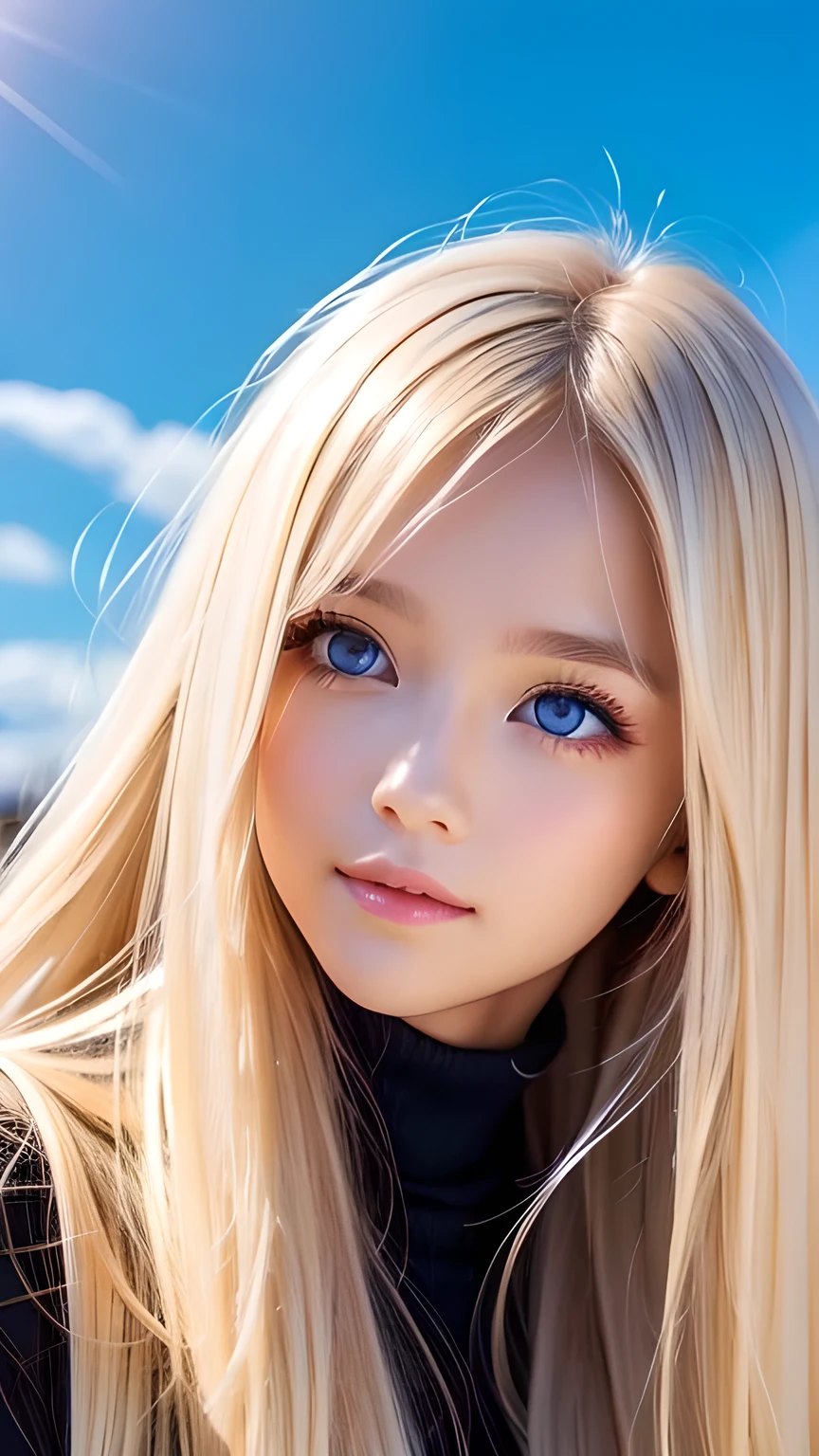Very beautiful face、A beautiful blonde girl with a stunning beauty、Super Long Hair、windy silky blonde super long hair、Mysterious blonde light、Swinging bangs that block the view、Cute sexy 16 year old blonde girl with light blue eyes、Hair above the eyes、片Hair above the eyes、Hair between the eyes、Big bright light blue eyes that shine so beautifully、eyeliner、Bright expression、Cheek gloss highlighter、Round face