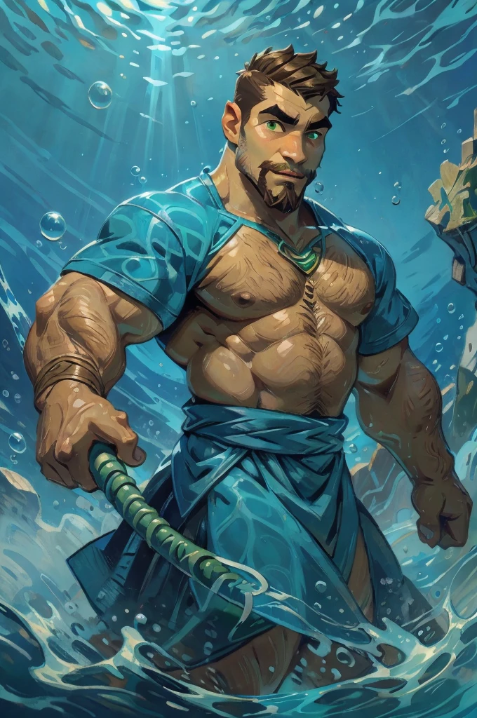 Portrait drawing, show the full head. deep Underwater man with short cut brown hair pulled back, green eyes and a hooked nose. He looks relaxed, his eyebrows are straight. He has a short mustache and goatee. He is wielding waterbending magic. The suroundings is dark blue sea waters, bubbles.