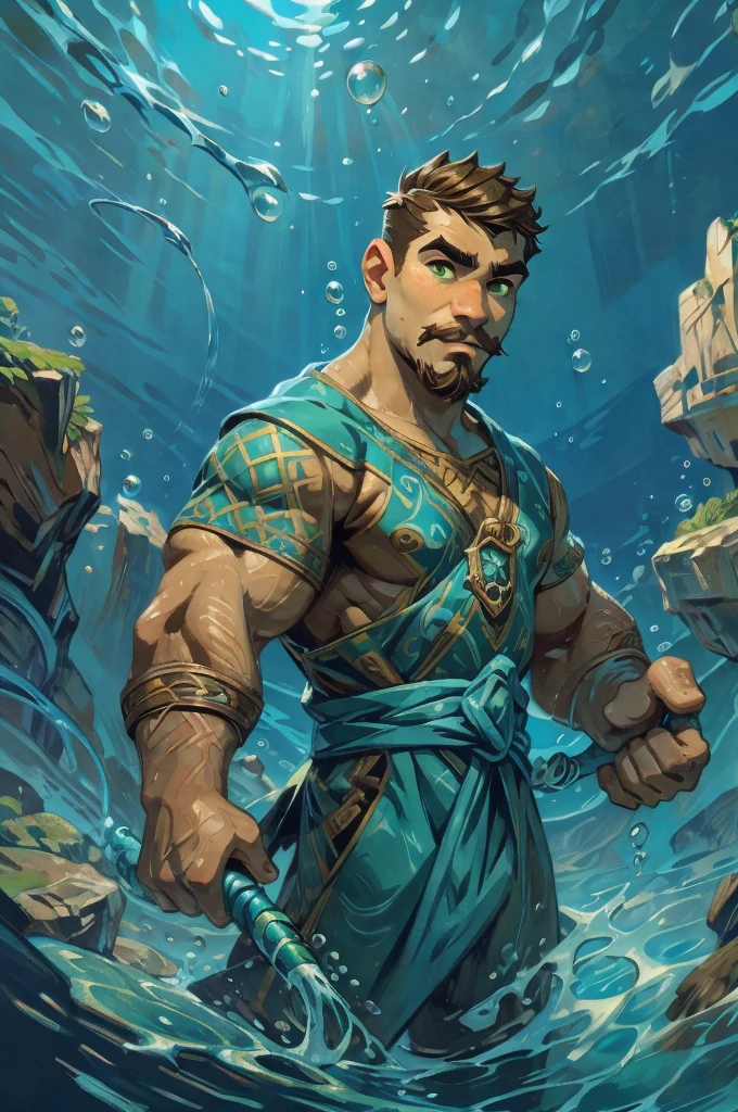 Portrait drawing, show the full head. deep Underwater man with short cut brown hair pulled back, green eyes and a hooked nose. He looks relaxed, his eyebrows are straight. He has a short mustache and goatee. He is wielding waterbending magic. The suroundings is dark blue sea waters, bubbles.