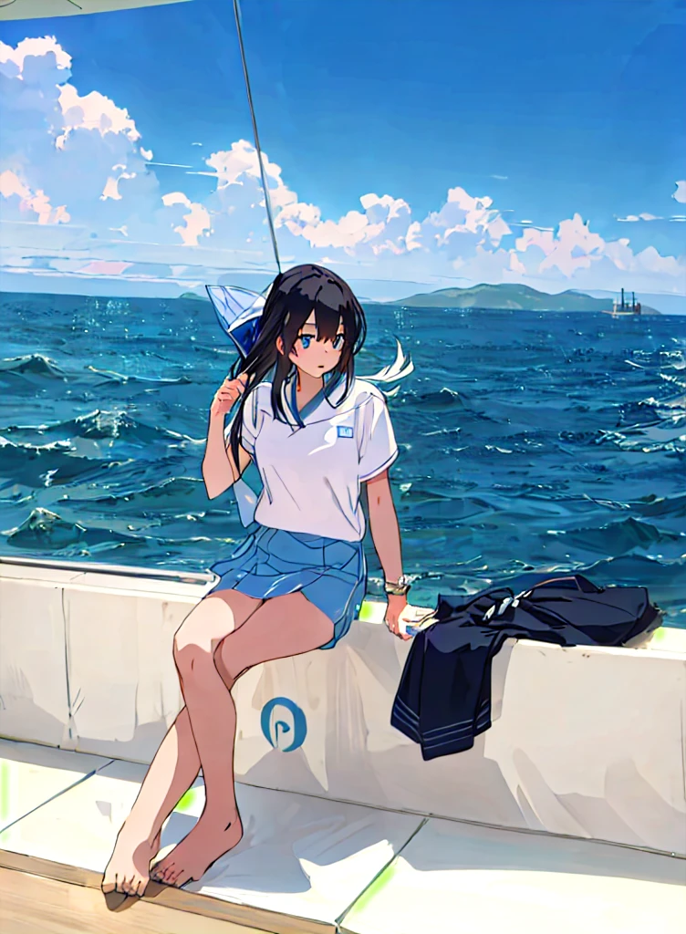 there is a woman sitting on board with a hat on, on board, on the sea, on the sea游艇上, On the sea, in the sea, relaxing on the sea游艇上, Ocean in the background, Gu Weiss, Fleet Collection Style, on board on a lake, the Ocean in the background