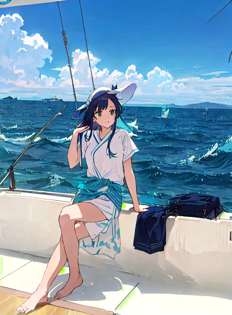 there is a woman sitting on board with a hat on, on board, on the sea, on the sea游艇上, On the sea, in the sea, relaxing on the sea游艇上, Ocean in the background, Gu Weiss, Fleet Collection Style, on board on a lake, the Ocean in the background