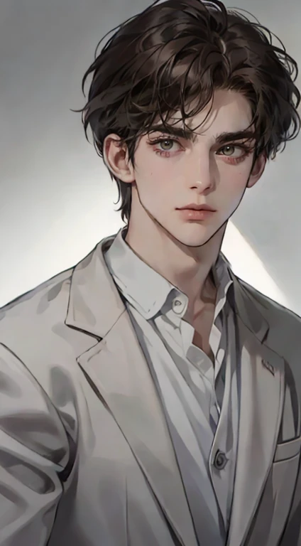 masutepiece, Best Quality, Realistic, 1man, matured male, Quiet and charming young man, 25 years old, closing eye, Serious look, extra detailed face, ((dark grey eyes)), ((Short right sweep dark brown hair)), [Thick eyebrows], detective, Plain background, ((Suit)), Cinematic lighting, gaze at the audience, Postural dynamics