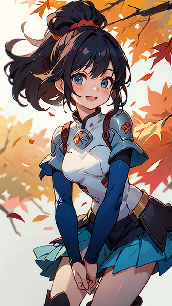 One girl、alone、Anime-style paintings、Sparkling Blue Eyes、Black Hair、ponytail、armor、Blue bodysuit、boots、Fits perfectly to the skin、skirt、thigh boots、Knee socks、Upper body close-up、smile、Laughing with your mouth open、Perfect lighting、Autumnal leaves々、Momiji Park、Background Blur, Written boundary depth