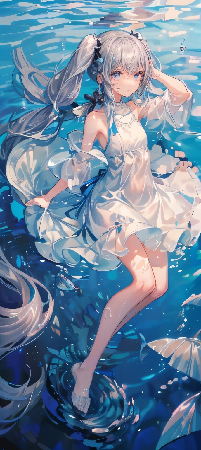 (muste piece), (best quality), very detailed, 1 girl, perfect face, (solo full body shot:1.3), very detailed顔,(Gray-haired ultra-long hair,twin tails:1.5),(blue eyes:1.4),(in water,swim:1.4),(white dress:1.5),School of small fish,Light,bubble,jellyfish,seaweed,deep sea,fantasy,seabed,(Floating hair:1.4),splash,(surrounded by many small fish:1.4),(smile:1.3)