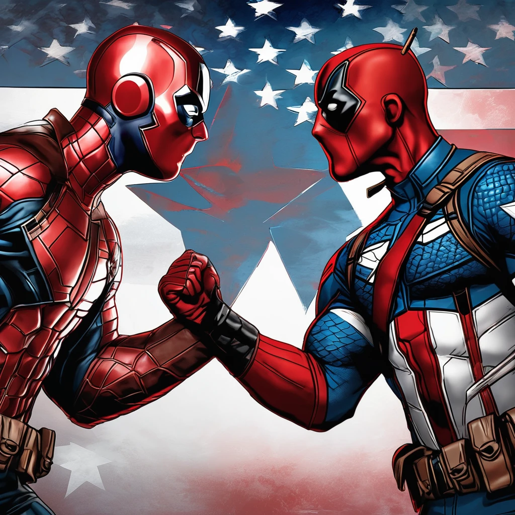 Create a portrait of faceoff between captain America and Deadpool