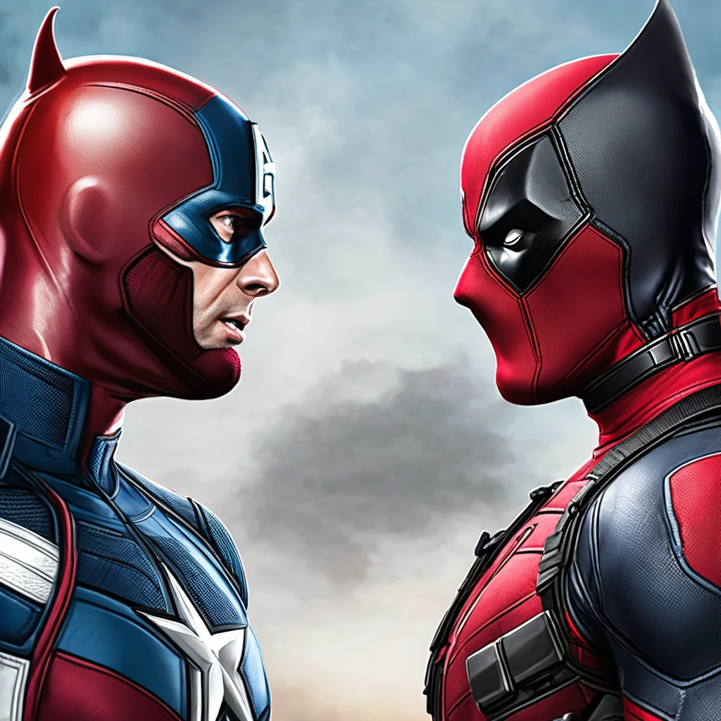 Create a portrait of faceoff between captain America and Deadpool