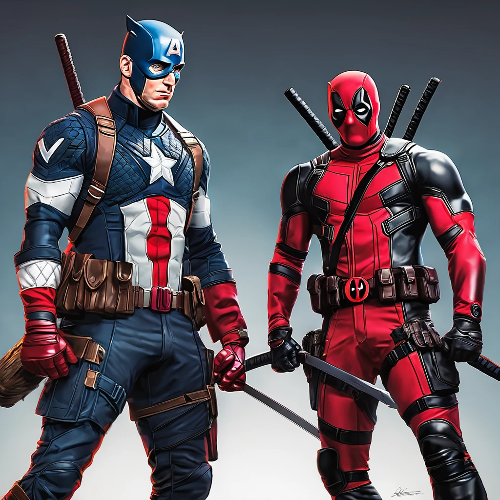 Create a portrait of faceoff between captain America and Deadpool