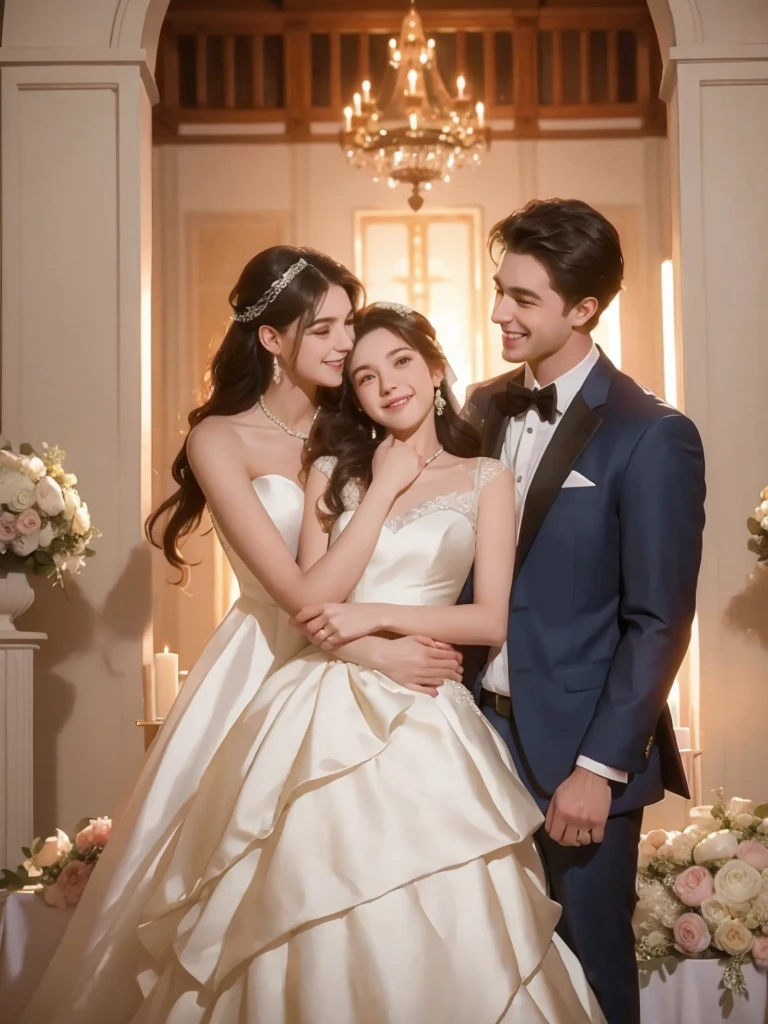 wedding scene,A man in a suit hugging a woman,25 years old,Beautiful face,Smile and look at the camera,wedding,gorgeous wedding dress,gorgeous,Wealth,Handsome men and beautiful women,Rich Family