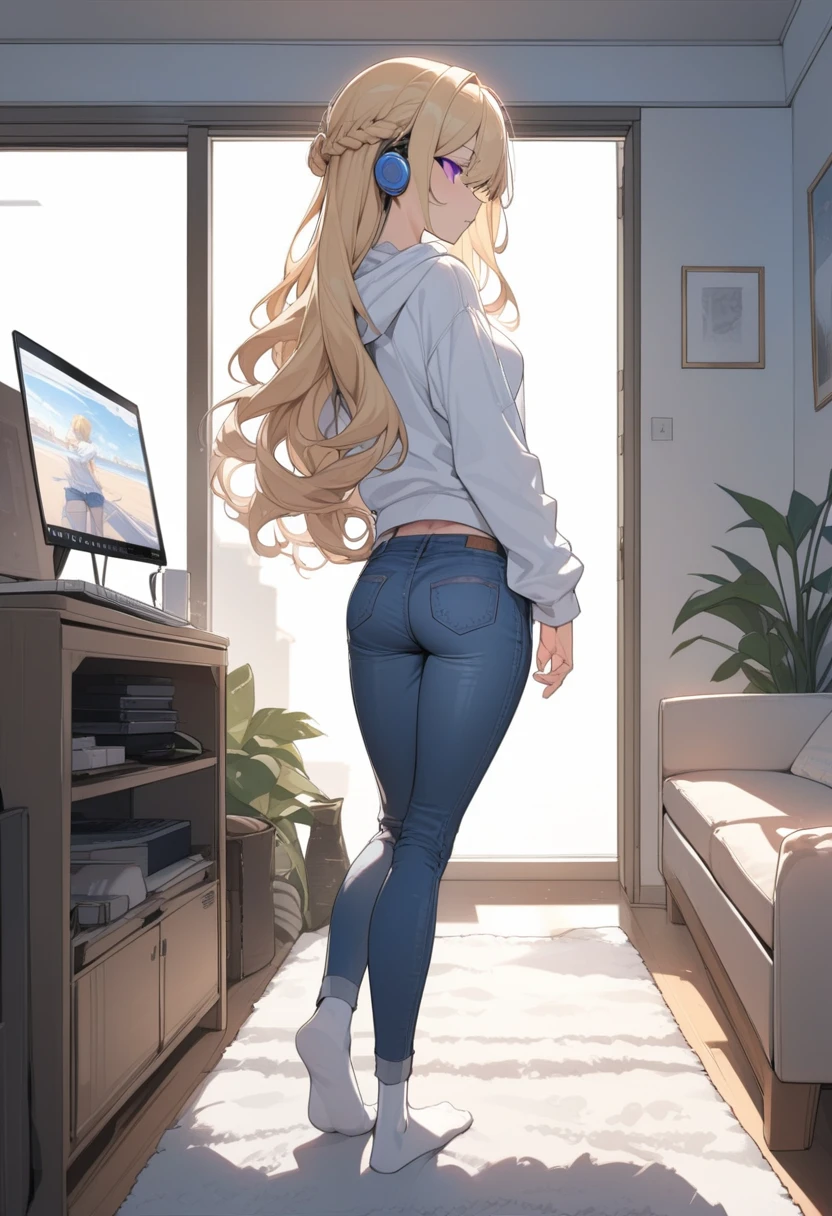 masterpiece, best quality, extremely detailed, ultra detailed, flat anime, 2D,
1girl, (young adult:1.2),blonde hair, (semi-long hair:1.2), curly hair, french braid, medium breasts, tsurime, purple eyes, height 1.7meters,
white hooded sweatshirt, jeans, earring,bracelet, long sleeves, ((Bluetooth small earphone)),socks,
Back view of a laptop computer,Operating a laptop computer,
from behind, full body,
summer, livingroom, 12AM., standing