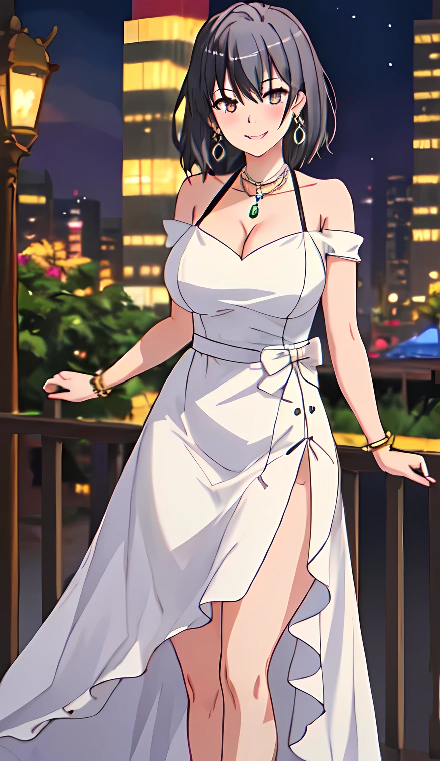 best quality, masterpiece, highres, solo, {yukinoshita_haruno_yahariorenoseishunlovecomewamachigatteiru:1.15}, sexy, black_hair, short_hair, smile, brown_eyes, bangs, large breast, mature woman, 20y, dress, dress tug, long dress, cleavage, jewelry, earrings, city, night, blush, smile, outdoors, black dress, bare shoulders, Thigh,thicc thigh