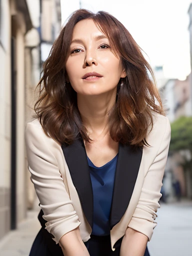 NSFW, ((highest quality)), ((8K)), ((masterpiece:1.3)), (be familiar with), perfect face, (KE), (JMA), ((japanese woman)), (Married woman), ((60 years old)), (((Layering a jacket and blouse))), ((navy blue silk jacket)), (transparent white blouse:1.05), (Knee-length navy blue tight skirt), (wrinkles on the face:1.2), ((wrinkles at the corners of the eyes)), A slightly gloomy look, (lips slightly open), (Look diagonally forward to the left:1.3), (Long wavy hair), double upper eyelid, (whole body), standing posture, high heels,