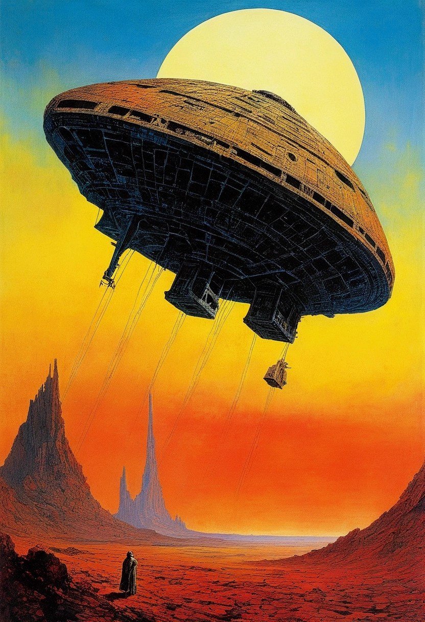 The remains of a crashed alien spacecraft,Old sci-fi posters, author:Zsław Beksinski 和 Jean.Gillot