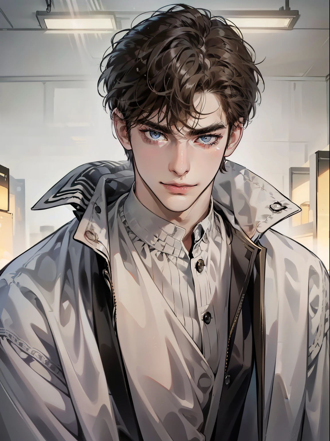 masterpiece, best quality, realistic, 1man, mature male, quiet and charming young man, 25 year old, serious look, closed mouth, portrait, extremely detailed face, cold smile, ((dark grey eyes)), ((short-right-swept dark brown hair)), [thick eyebrows], ((suit)), handsome, full body, western, Jewish, light brown skin,