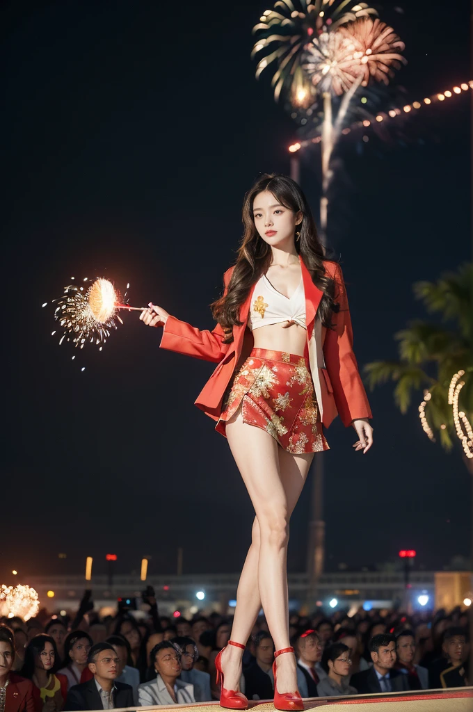 (((best quality))),(((ultra detailed))),(((masterpiece))),illustration, ((Olympic Opening Ceremony,in Paris,summer night,magnificent National stadium of France,Olympic flame, fireworks)),(crowded crowds of enthusiastic spectators:1.3),((a beautiful Chinese girl,solo)),((shoulder length straight hair:1.2)),((slim,thin)),((small breasts,flat chest)),(red blazer:1.5),(yellow dress:1.2),(slender legs:1.2),(loafers:1.2),excited expression, awe, celebrating, electric atmosphere, sense of pride, excitement, playing field, crowd energy, unity, camaraderie, representing China, historic event, memorable moment,((from front,full body))