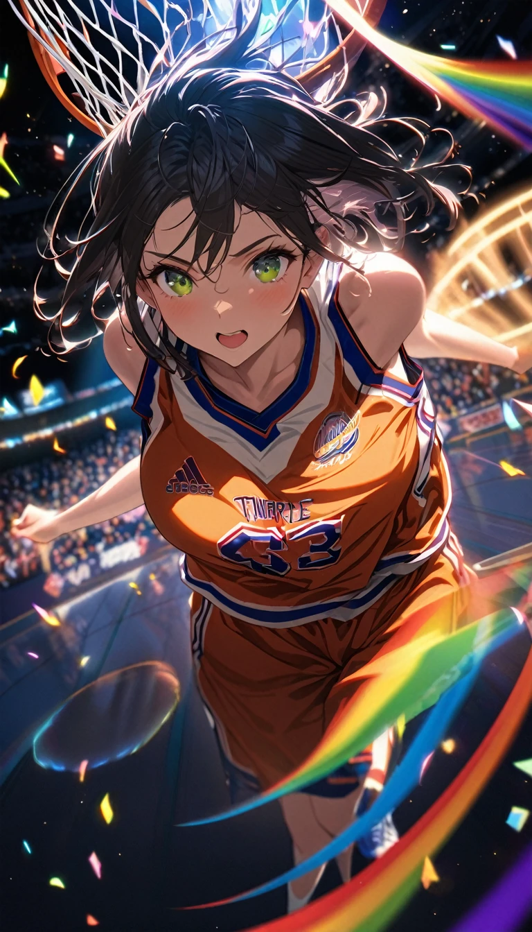 Highest quality, Highest quality, 16K, Unbelievably absurd, Very detailed, delicate and dynamic, Natural light, The particles reflect light, Diffuse reflection of light, Vortex of Light, Lots of rainbow-colored confetti falling, Basketball court, night, illumination, Create amazing image effects, Upper body close-up, (sole sexy girl, Firm bust, , powerful, A game-winning dunk by a professional basketball player, Hollow, Floating in the air, A powerful dunk, Basketball Uniforms,)

