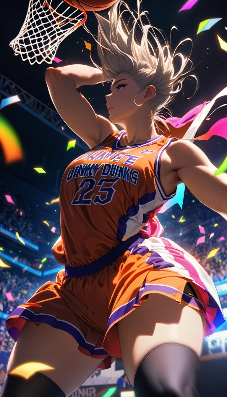 Highest quality, Highest quality, 16K, Unbelievably absurd, Very detailed, delicate and dynamic, Natural light, The particles reflect light, Diffuse reflection of light, Vortex of Light, Lots of rainbow-colored confetti falling, Basketball court, night, illumination, Create amazing image effects, Upper body close-up, (sole sexy girl, Firm bust, , powerful, A game-winning dunk by a professional basketball player, Hollow, Floating in the air, A powerful dunk, Basketball Uniforms,)
