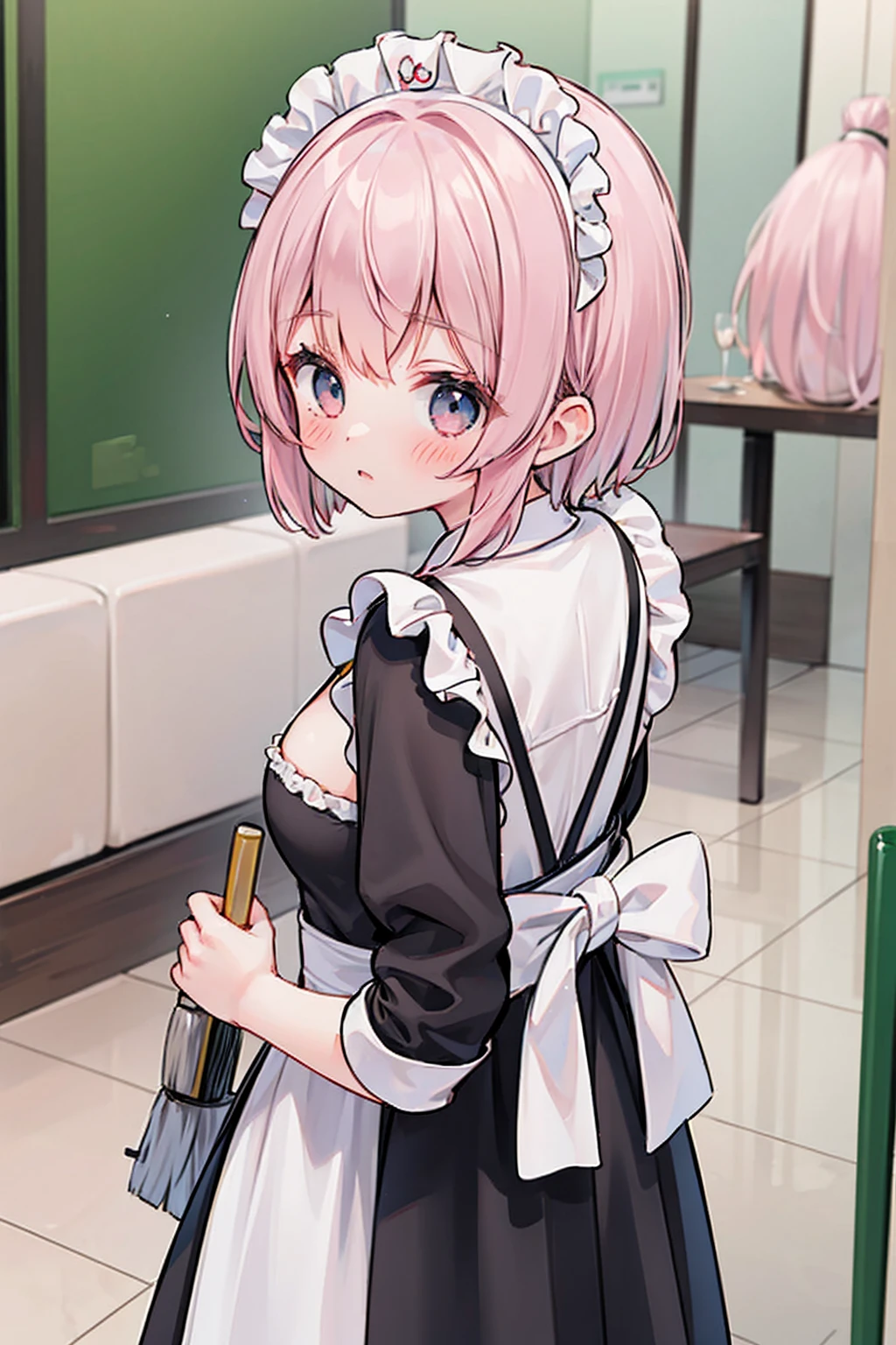 1Girl, maid clothes, blush, cleavage, are standing, looking Back, (holding mop:1.3),