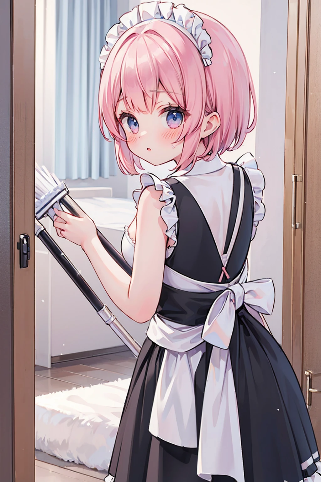 1Girl, maid clothes, blush, cleavage, are standing, looking Back, (holding mop:1.3),