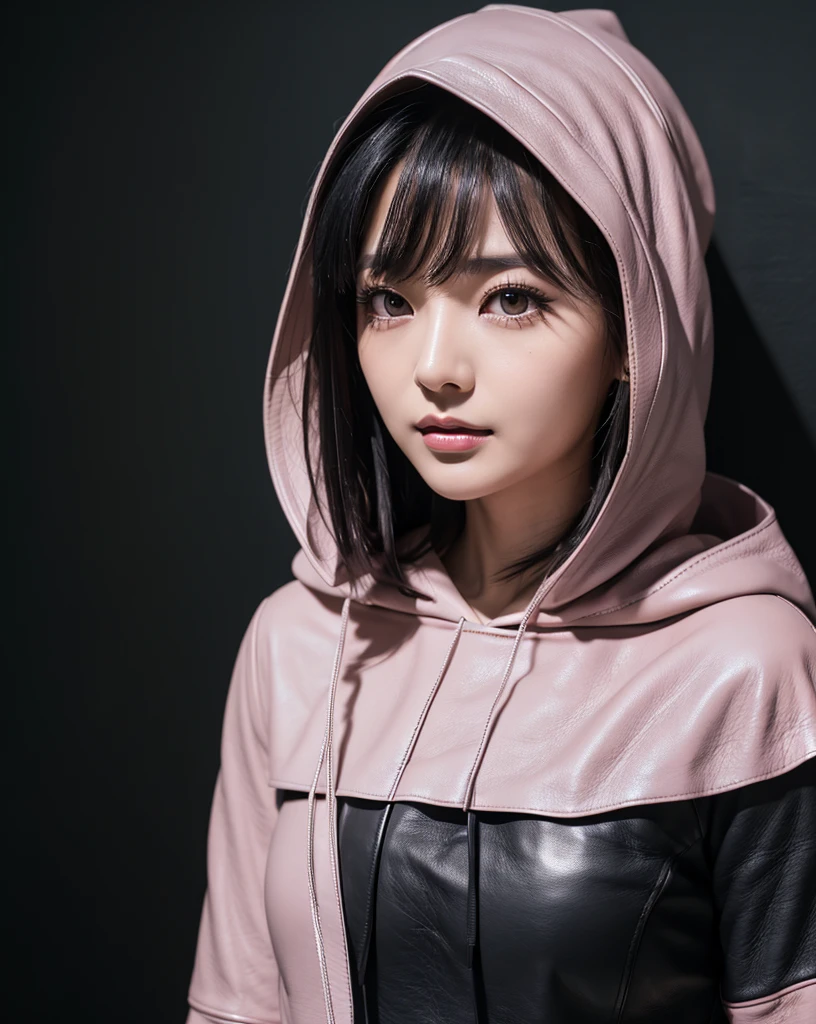 (Highest quality, 32k, High resolution, Masterpiece:1.5, ), marimo_jet, Beautiful Japanese Girls, An exceptionally beautiful face, Small Face Beauty, Perfect Human Anatomy, Magical big eyes, Motherhood and generosity, Deep Love, Fleeting Expression, Shiny black hair, Asymmetrical bangs, Hair between the eyes, Transparent, soft white skin, Sharp eyebrows, Thin lashes, Natural Makeup, Cheek highlighter, Pale pink detailed lips, (Black leather hood:1.4), Slim figure with ample breasts, ((Dark Room:1.2)), ((Black wall background:1.3)), Professional photographer, Professional Lighting, Professional models, mysterious