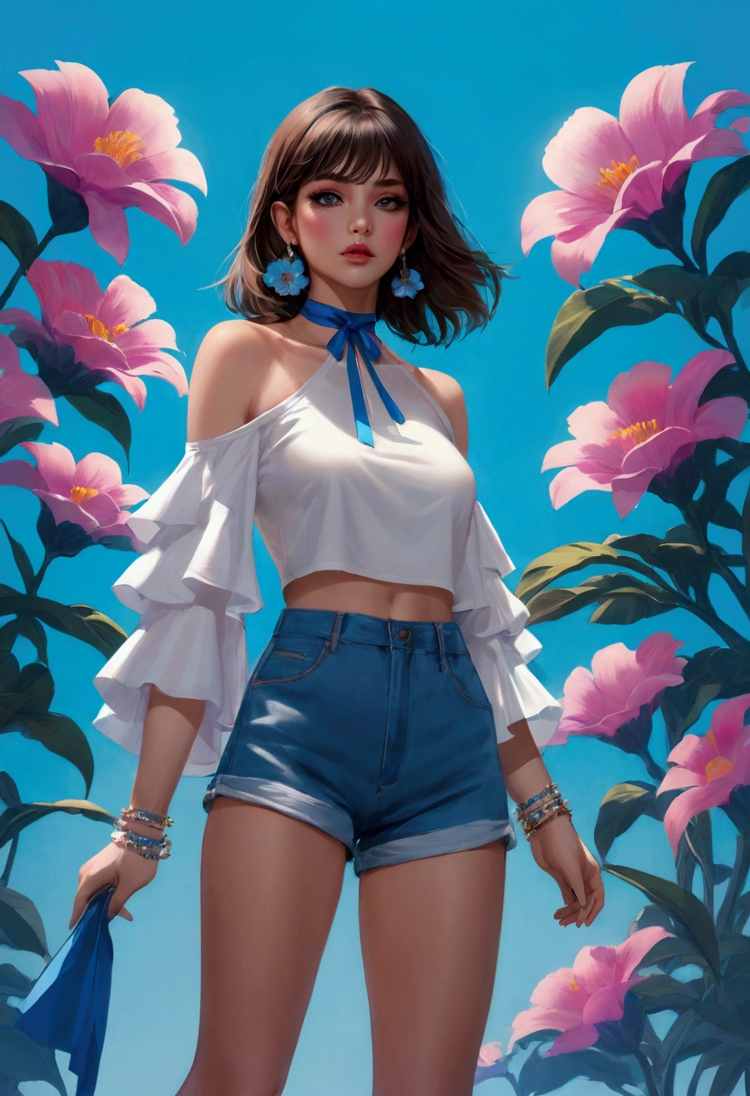 Featuring a dynamic and confident woman，She wears bold makeup，Wear colorful T-shirts, Bare shoulders, Leopard_Ruffled sleeves, neck ribbon，Jewelry Earrings, Long hair, Looking at the audience, Bangs, Low rise denim shorts, Over the knee boots,Surrounded by vintage flower motifs, Vibrant brushstrokes, Self-deconstruction, Surreal Vaporwave Aesthetics, Threshold space, Negative Space，Edge lighting、Octane Rendering、White ceramic and blue transparent glass background, (Clear lines, HD,best quality, masterpiece, 4K ),