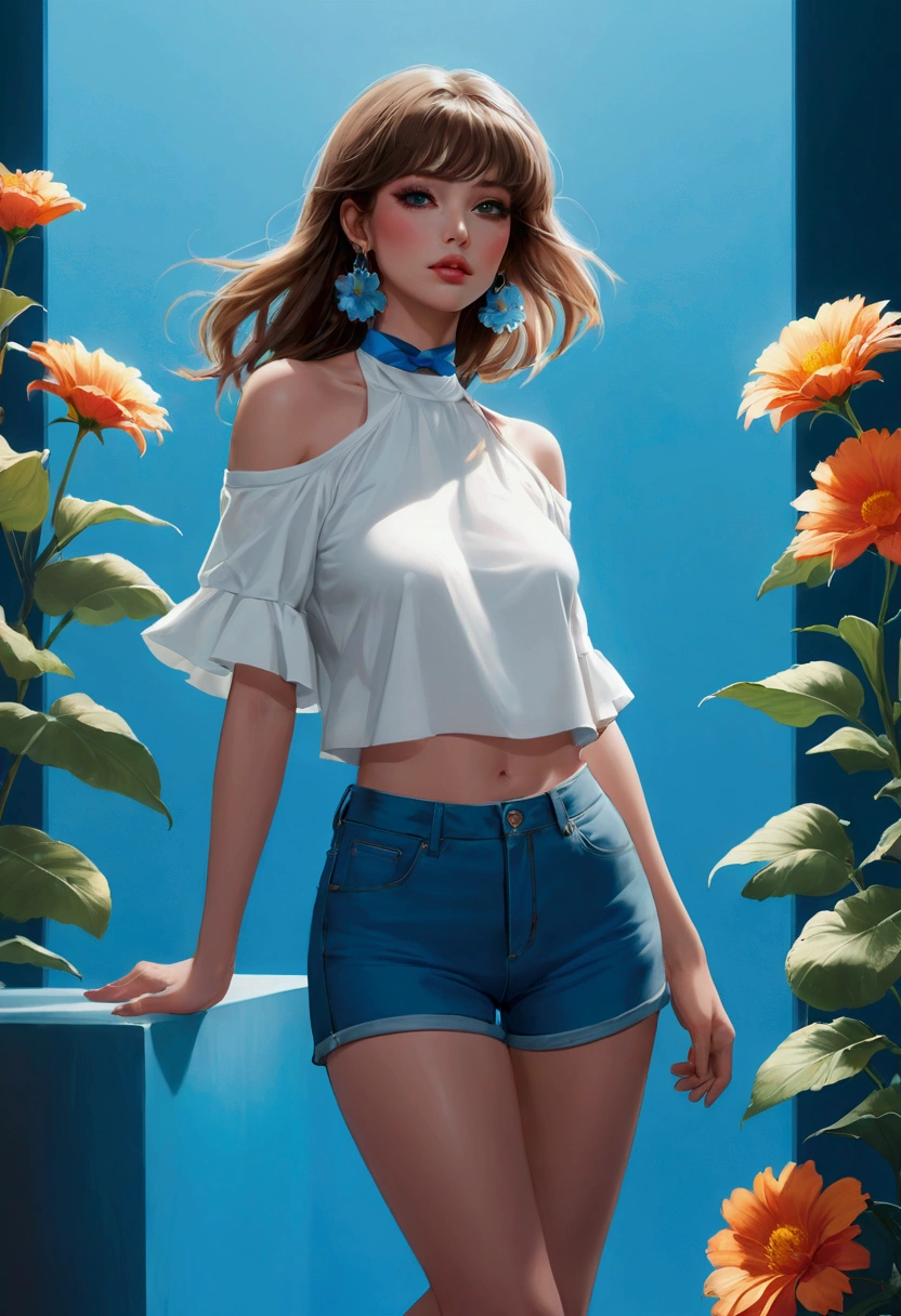 Featuring a dynamic and confident woman,She wears bold makeup,Wear colorful T-shirts, Bare shoulders, Leopard_Ruffled sleeves, neck ribbon,Jewelry Earrings, Long hair, Looking at the audience, Bangs, Low rise denim shorts, Over the knee boots,Surrounded by vintage flower motifs, Vibrant brushstrokes, Self-deconstruction, Surreal Vaporwave Aesthetics, Threshold space, Negative Space,Edge lighting、Octane Rendering、White ceramic and blue transparent glass background, (Clear lines, HD,best quality, masterpiece, 4K ),