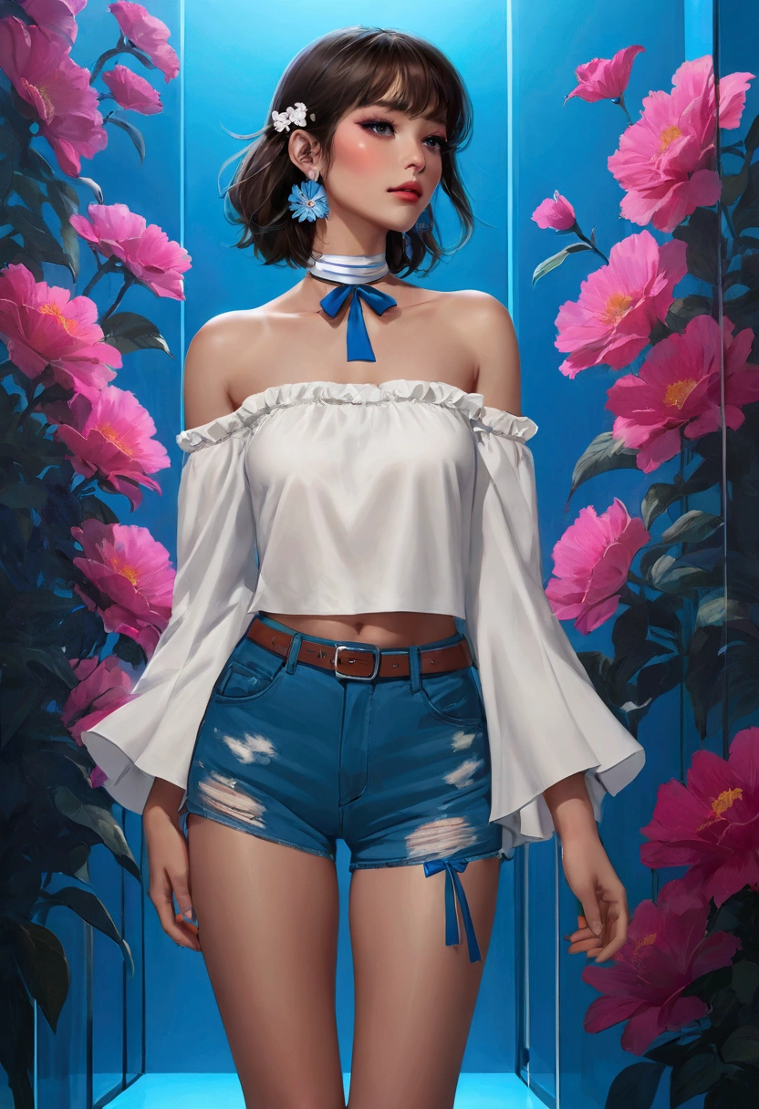 Featuring a dynamic and confident woman，She wears bold makeup，Wear colorful T-shirts, Bare shoulders, Leopard_Ruffled sleeves, neck ribbon，Jewelry Earrings, Long hair, Looking at the audience, Bangs, Low rise denim shorts, Over the knee boots,Surrounded by vintage flower motifs, Vibrant brushstrokes, Self-deconstruction, Surreal Vaporwave Aesthetics, Threshold space, Negative Space，Edge lighting、Octane Rendering、White ceramic and blue transparent glass background, (Clear lines, HD,best quality, masterpiece, 4K ),