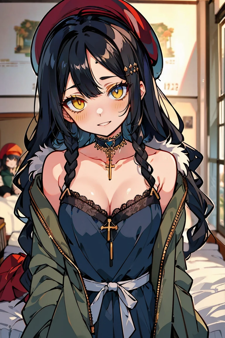 (masterpiece:1.2), (high quality:1.2), hui xiyi, rekkyo sensen, rekkyou sensen, girls with((1girl, solo, black hair, right yellow eyes, left silver eyes, heterochromia, (wavy long hair, right swept bangs, wearing a red millitary beret, braids, hairclips:1.55), blush, breasts, choker, cleavage, coat, cowboy shot, blue lace dress, blue clothes, camisole, ribbon waist belt, collar, collarbone, rosary, rosary choker, cross, fur, fur trim, parka, khaki hoodie, green hoodie, hood down, hooded coat, hooded jacket, hoodie, jacket, large breasts, long sleeves, medium breasts, open clothes, open coat,open hoodie, sleeveless, winter clothes, zipper, cleavage, upper body, hand up, waving, palm)), background with((bedroom, room:2.0))