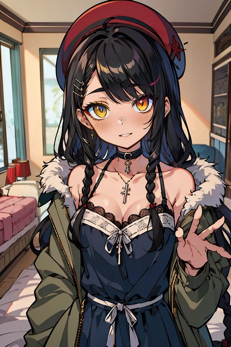 (masterpiece:1.2), (high quality:1.2), hui xiyi, rekkyo sensen, rekkyou sensen, girls with((1girl, solo, black hair, right yellow eyes, left silver eyes, heterochromia, (wavy long hair, right swept bangs, wearing a red millitary beret, braids, hairclips:1.55), blush, breasts, choker, cleavage, coat, cowboy shot, blue lace dress, blue clothes, camisole, ribbon waist belt, collar, collarbone, rosary, rosary choker, cross, fur, fur trim, parka, khaki hoodie, green hoodie, hood down, hooded coat, hooded jacket, hoodie, jacket, large breasts, long sleeves, medium breasts, open clothes, open coat,open hoodie, sleeveless, winter clothes, zipper, cleavage, upper body, hand up, waving, palm)), background with((bedroom, room:2.0))