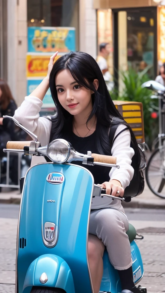 Bike Vespa The cuteness of the actress Long black hair In town