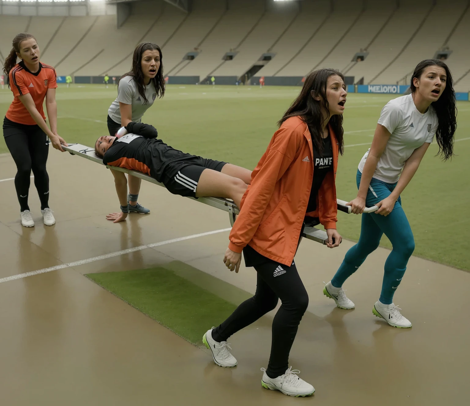 a soccer scene in a sports stadium, cool and wet weather conditions, humide ground, rainy sky, injury scene in a sports stadium, stretcher carry, there are four female medics carrying a stretcher, there are four female medics in very shiny coats who are carrying a stretcher in a sports stadium, there is a wounded male soccer player in a matte short cotton sports outfit lying on the stretcher, an injured male soccer player in matte cotton sportswear is lying in pain on a stretcher, a soccer player in matte cotton sports clothes is rearing up in intense pain while lying on a stretcher, dramatic scene, theatralic posing scene, dramatic pity scene, injury soccer, first aid, help, pity, there are four female medics in wetlook high-shine coats who are looking very sad and very terrified and very shocked, the injured soccer player is screaming out in pain while he is carried from the pitch on a stretcher