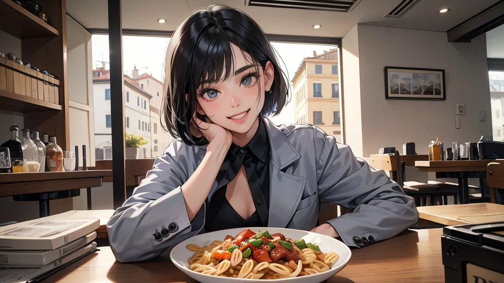 (perfect anatomy:1.2)(absurdres, highres, ultra detailed),masterpiece,best quality,high resolution,8k,Realistic face,Realistic skin texture,magnified textures, stunning clarity,detailed anime girl,(ultra detailed eyes and face),(1 girl:1.2)21years old,she is office worker,lunch time,Italian restaurant in a district,smile,grin:1.2,black hair, bob cut,natural make,grey jacket and pants,white brouse,light look at winfows,sparkling eyes.small nose,roundface,She looks happy,upper body,Italian restaurant Eating pasta happily