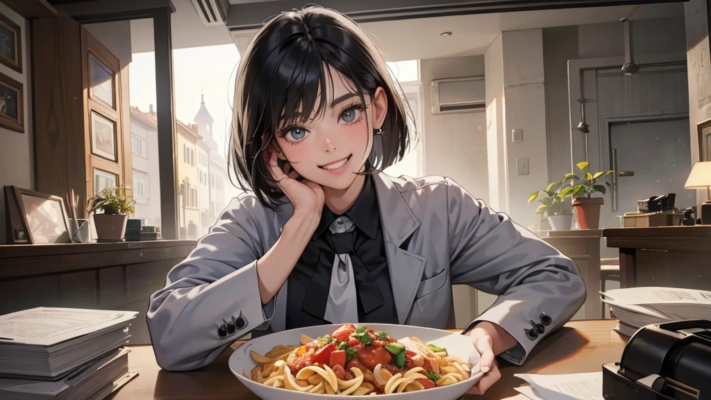 (perfect anatomy:1.2)(absurdres, highres, ultra detailed),masterpiece,best quality,high resolution,8k,Realistic face,Realistic skin texture,magnified textures, stunning clarity,detailed anime girl,(ultra detailed eyes and face),(1 girl:1.2)21years old,she is office worker,lunch time,Italian restaurant in a district,smile,grin:1.2,black hair, bob cut,natural make,grey jacket and pants,white brouse,light look at winfows,sparkling eyes.small nose,roundface,She looks happy,upper body,Italian restaurant Eating pasta happily
