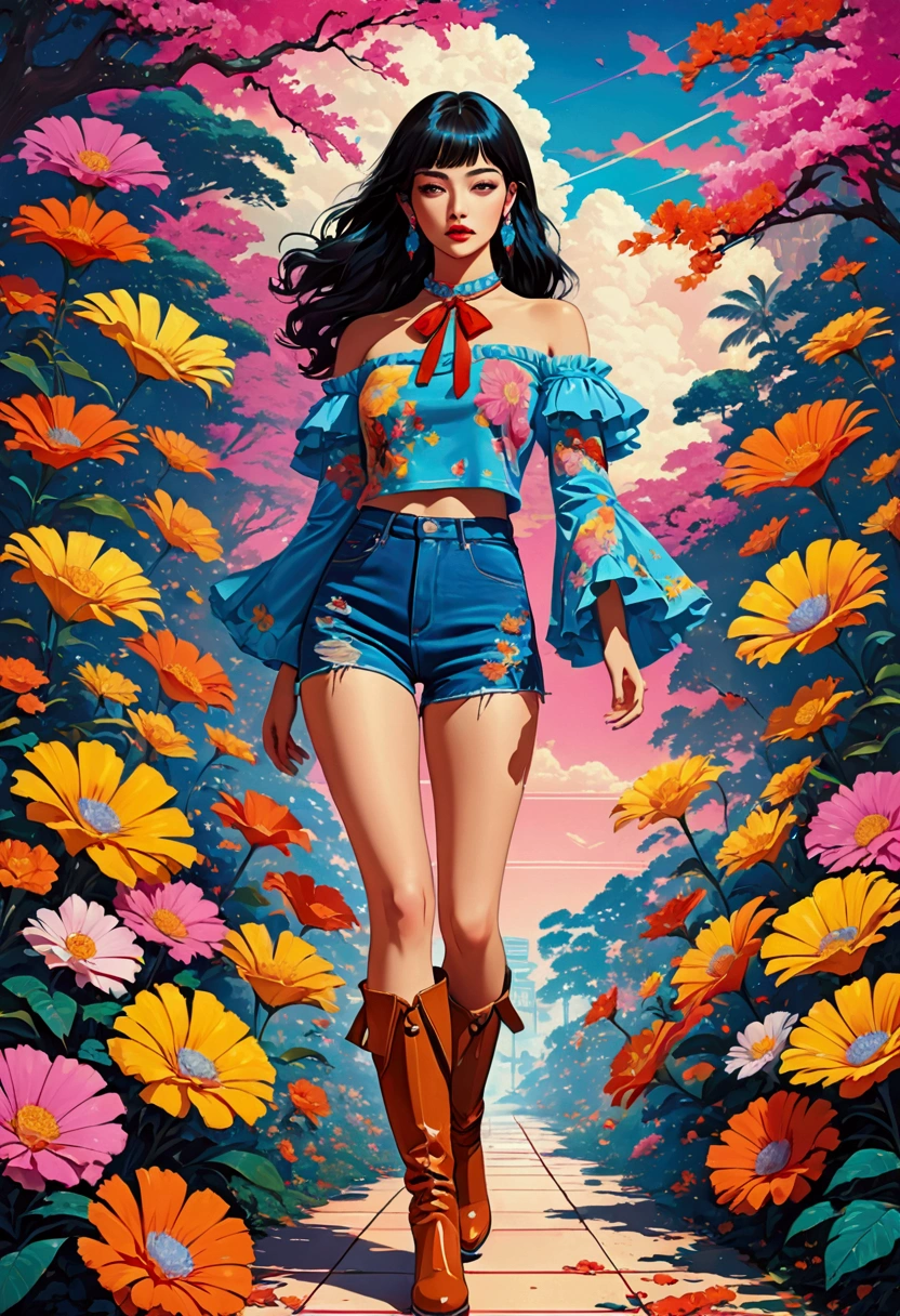 Featuring a dynamic and confident woman,She wears bold makeup,Wear colorful T-shirts, Bare shoulders, Ruffled sleeves, neck ribbon,Jewelry Earrings, Long hair, Looking at the audience, Bangs, Low rise denim shorts, Over the knee boots,Surrounded by vintage flower motifs, Vibrant brushstrokes, Self-deconstruction, Surreal Vaporwave Aesthetics, Threshold space, Digital artwork in pop art style, Edge lighting、Octane Rendering、(Clear lines, HD,best quality, masterpiece, 4K ),