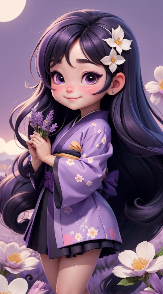 Create a baby chibi version of the Alice character in an 8K resolution. As a coloring book, the color should be black and white, the border should be simple, with the same line thickness, clear, and bold. A beautiful Asian girl with long, flowing black hair adorned with a delicate [lavender hair ornament] is strolling through the picturesque [lavender fields] of Furano, Hokkaido. She is wearing a stunning [kimono with lavender pattern], the vibrant purple colors contrasting with the vast expanse of blooming lavender. The girl's expression exudes a sense of tranquility and joy as she immerses herself in the beauty of the fragrant flowers, It's sunny, Detailed eyes, clear outlines, kawaii pose, A smile, Raise your right hand, Eye Up, Laugh, radiant light, Taken from the side. She should look adorable and cute. Give him a smiling expression and a sweet smile on his face, capturing the essence of the character in a delicate and charming way.