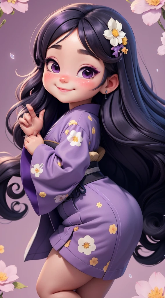 Create a baby chibi version of the Alice character in an 8K resolution. As a coloring book, the color should be black and white, the border should be simple, with the same line thickness, clear, and bold. A beautiful Asian girl with long, flowing black hair adorned with a delicate [lavender hair ornament] is strolling through the picturesque [lavender fields] of Furano, Hokkaido. She is wearing a stunning [kimono with lavender pattern], the vibrant purple colors contrasting with the vast expanse of blooming lavender. The girl's expression exudes a sense of tranquility and joy as she immerses herself in the beauty of the fragrant flowers, It's sunny, Detailed eyes, clear outlines, kawaii pose, A smile, Raise your right hand, Eye Up, Laugh, radiant light, Taken from the side. She should look adorable and cute. Give him a smiling expression and a sweet smile on his face, capturing the essence of the character in a delicate and charming way.