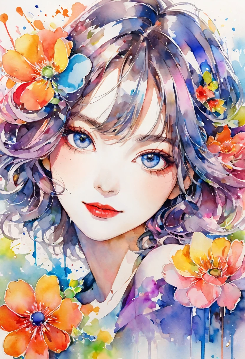 beautiful woman portrait, cute smile, Sylvia Pelissero watercolors, colorful flowers, beautiful eyes,  upper body, abstract art, intense watercolor, watercolor detailed art, watercolor splash, surreal, avant-garde pop art, Beautiful and expressive paintings, Beautiful artwork illustration, very colorful tones, wonderful, cool beauty, highest quality, official art, women only, sharp outline, best shot, vector art, lips in love、 (((The strongest beautiful women of all time))), (((Japanese)))、clear, (((highest quality))), lips in love, HDR, ((Detailed details)), stylish fashion, detailed clothing texture, (((graffiti art))), colorful hair, ((masterpiece))、((Super detailed))