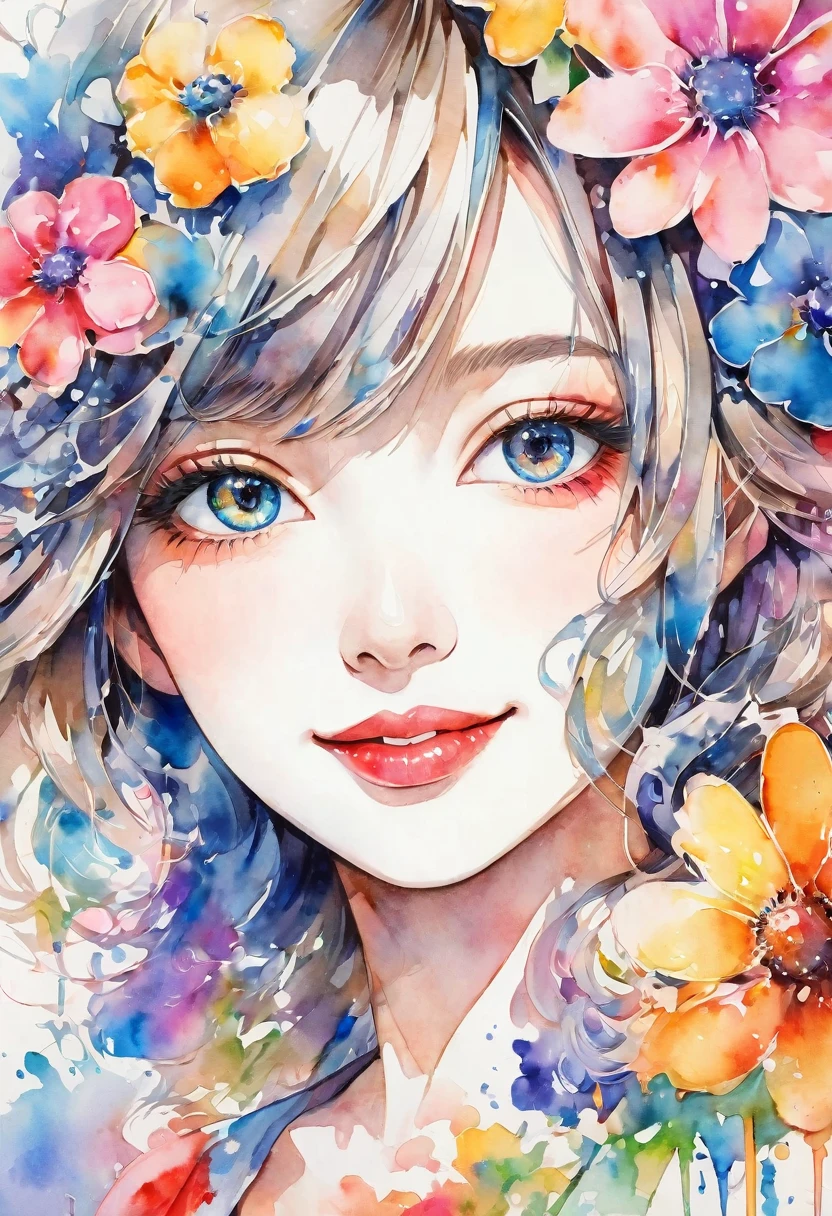 beautiful woman portrait, cute smile, Sylvia Pelissero watercolors, colorful flowers, beautiful eyes,  upper body, abstract art, intense watercolor, watercolor detailed art, watercolor splash, surreal, avant-garde pop art, Beautiful and expressive paintings, Beautiful artwork illustration, very colorful tones, wonderful, cool beauty, highest quality, official art, women only, sharp outline, best shot, vector art, lips in love、 (((The strongest beautiful women of all time))), (((Japanese)))、clear, (((highest quality))), lips in love, HDR, ((Detailed details)), stylish fashion, detailed clothing texture, (((graffiti art))), colorful hair, ((masterpiece))、((Super detailed))