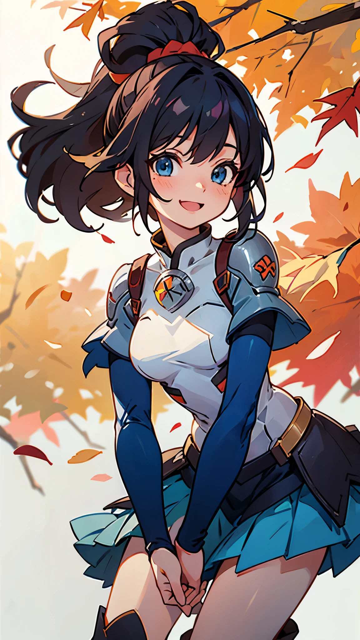 One girl、alone、Anime-style paintings、Sparkling Blue Eyes、Black Hair、ponytail、armor、Blue bodysuit、boots、Fits perfectly to the skin、skirt、thigh boots、Knee socks、Upper body close-up、smile、Laughing with your mouth open、Perfect lighting、Autumnal leaves々、Momiji Park、Background Blur, Written boundary depth