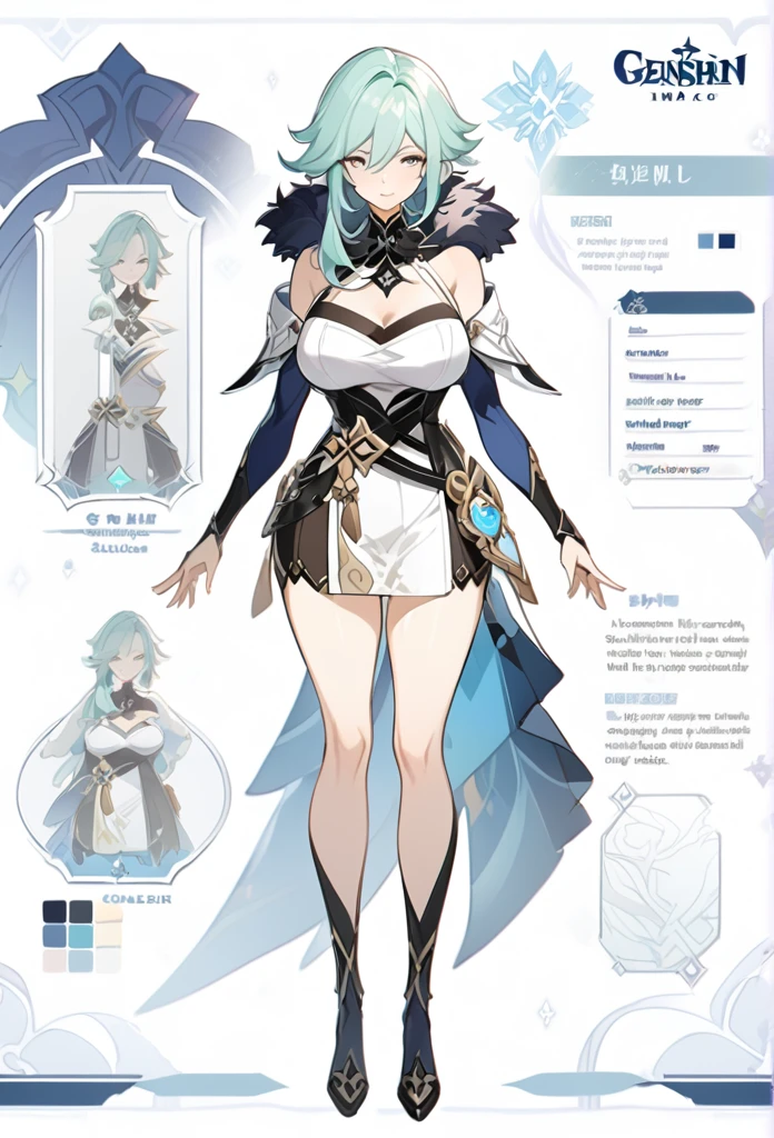 Genshin impact, genshin impact outfit, large breast, standing, character sheet, white backgound, bare shoulders, fur mantle, long hair, 
slender legs, milf, adult, 