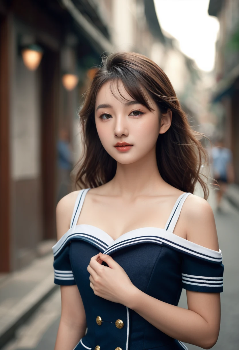 最high quality, masterpiece, High resolution, One girl, uniform, small, Flat Chest, clavicle, Off-the-shoulder exquisite look, Realistic, Real People, (Skin with attention to detail: 1.4), SLR, Soft Light, high quality, photograph, High resolution, Background blur, Vintage Street,sex,nsfw,