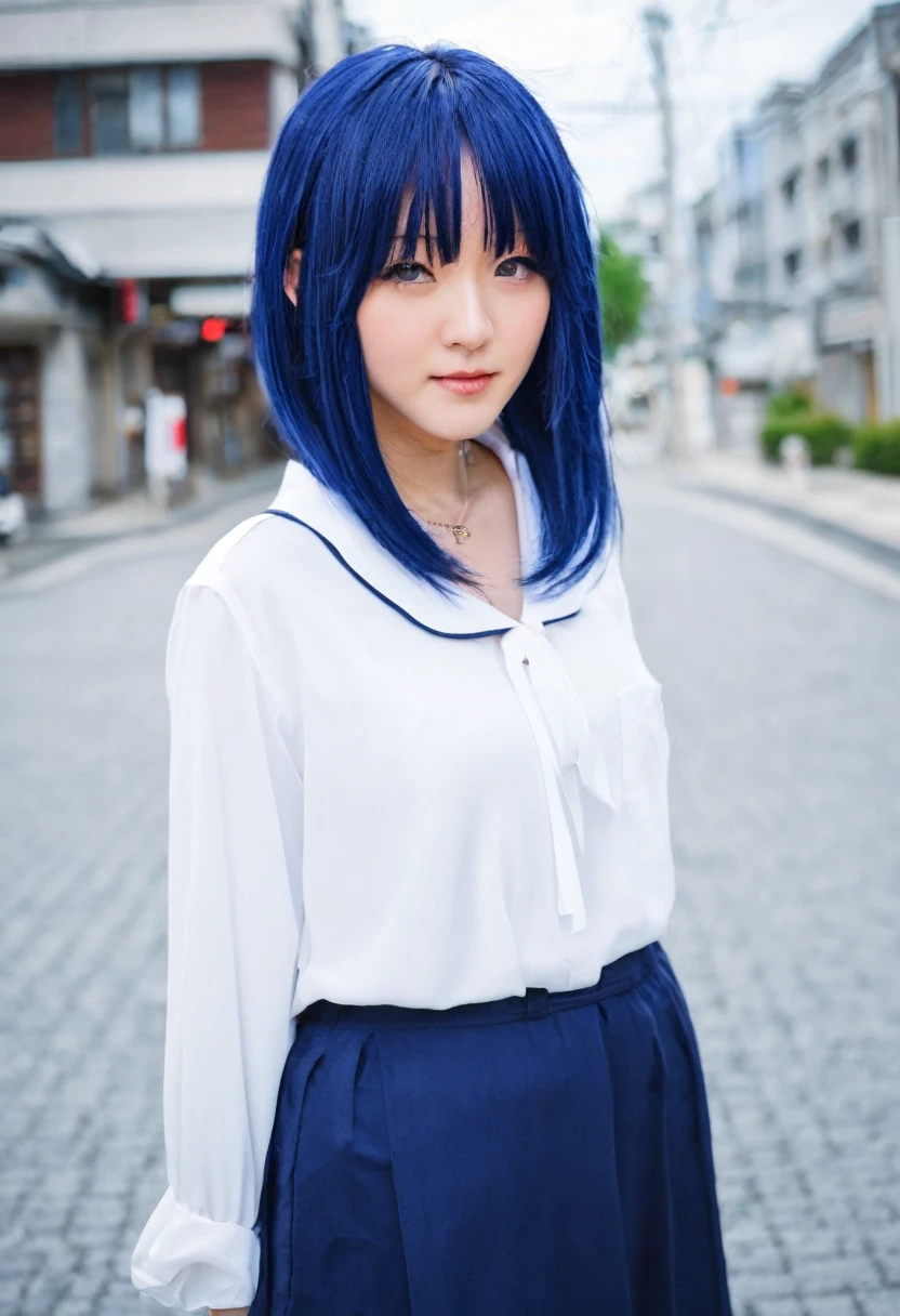 One girl,Navy Blue Hair,Mine system,Hime cut,In town