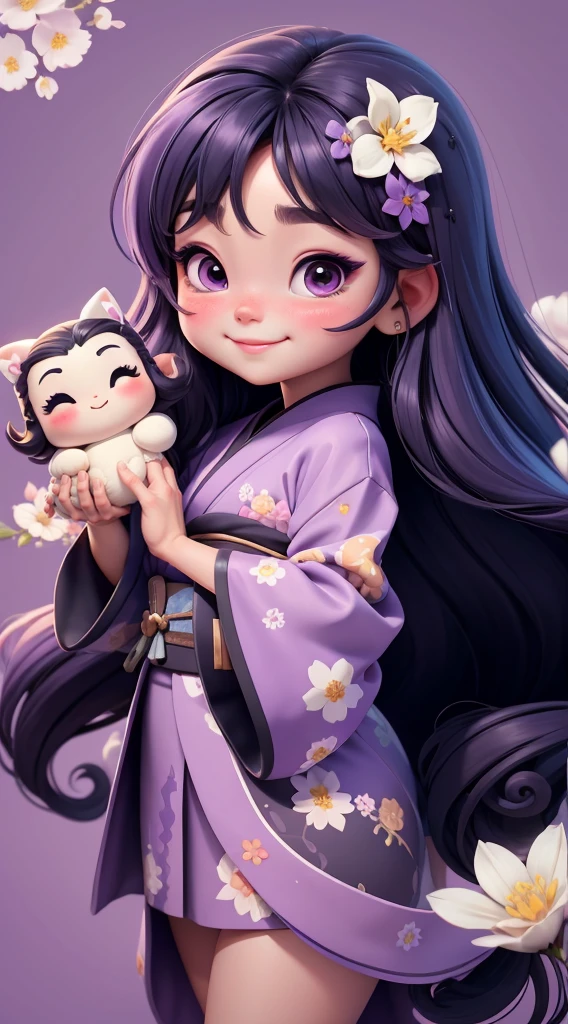 Create a baby chibi version of the Alice character in an 8K resolution. As a coloring book, the color should be black and white, the border should be simple, with the same line thickness, clear, and bold. A beautiful Asian girl with long, flowing black hair adorned with a delicate [lavender hair ornament] is strolling through the picturesque [lavender fields] of Furano, Hokkaido. She is wearing a stunning [kimono with lavender pattern], the vibrant purple colors contrasting with the vast expanse of blooming lavender. The girl's expression exudes a sense of tranquility and joy as she immerses herself in the beauty of the fragrant flowers, It's sunny, Detailed eyes, clear outlines, kawaii pose, A smile, Raise your right hand, Eye Up, Laugh, radiant light, Taken from the side. She should look adorable and cute. Give him a smiling expression and a sweet smile on his face, capturing the essence of the character in a delicate and charming way.
